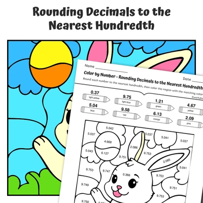 Round Decimal (hundredths) Color by Number — Bunny with a ball - worksheet educational content