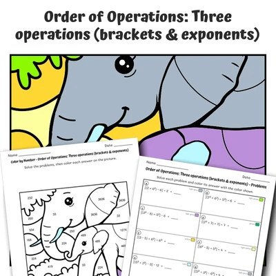 Order of Operations Color by Number — Mother Elephant and Calf - worksheet educational content