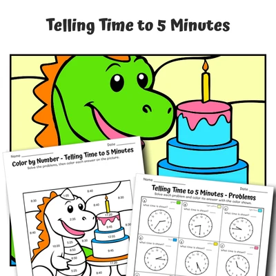 Time: 5 Minutes Color by Number — Dino's Delightful Cake Baking Adventure - worksheet educational content