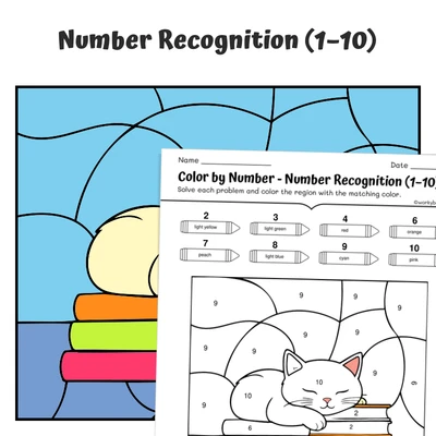 Number Recognition Color by Number — cat sleeping on books - worksheet educational content