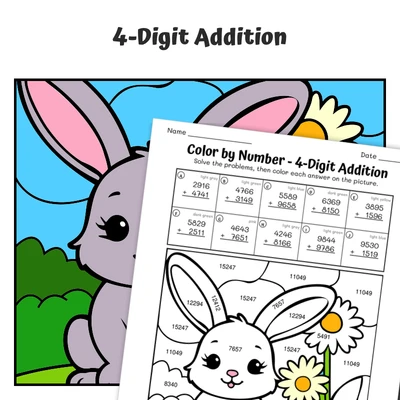 4-Digit Addition Color by Number — Bunny with a Daisy - worksheet educational content