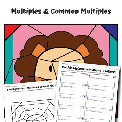 Multiples Color by Number — Animal face - Lion - worksheet educational content