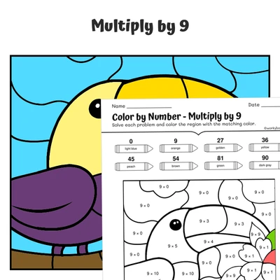 × 9 Color by Number — Hippo with heart-shaped ears - worksheet educational content