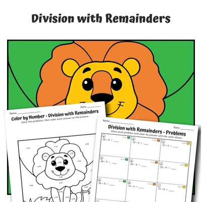Division with Remainders Color by Number — Zoo Animal Lion - worksheet educational content