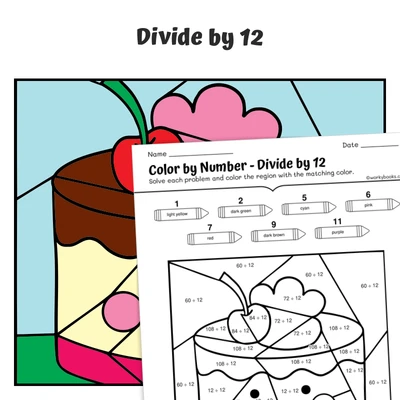 div by 12 Color by Number — Cake with Cherry - worksheet educational content