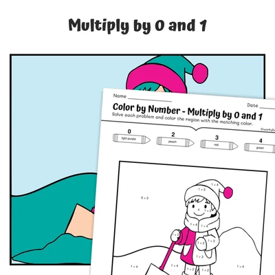 Multiply by 0 & 1 Color by Number — Shoveling Snow - worksheet educational content