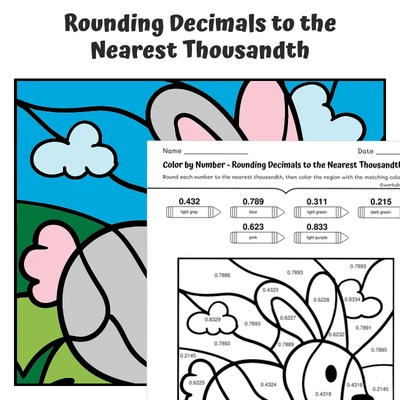 Round Decimal (thousandths) Color by Number — Farm Animal Rabbit - worksheet educational content