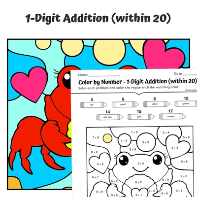 Addition within 20 Color by Number — Crab holding a heart-shaped seashell - worksheet educational content