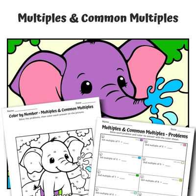 Multiples Color by Number — Elephant Spraying Water Playfully - worksheet educational content