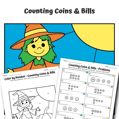 Count Money Color by Number — Witch with a Pumpkin - worksheet educational content