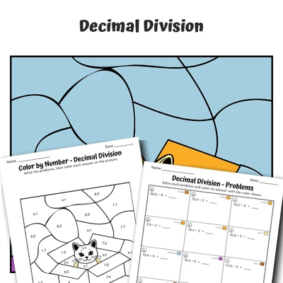 Decimal Division Color by Number — Cat in a carton box - worksheet educational content