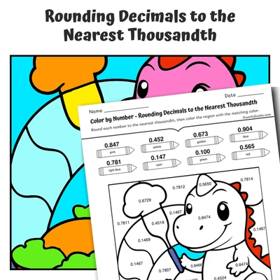 Round Decimal (thousandths) Color by Number — Dino's Yummy Cooking - worksheet educational content