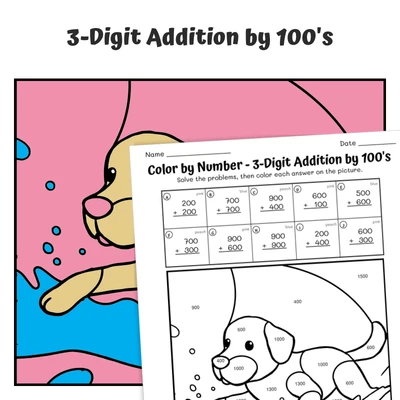 Add Hundreds Color by Number — Labrador in Kiddie Pool - worksheet educational content