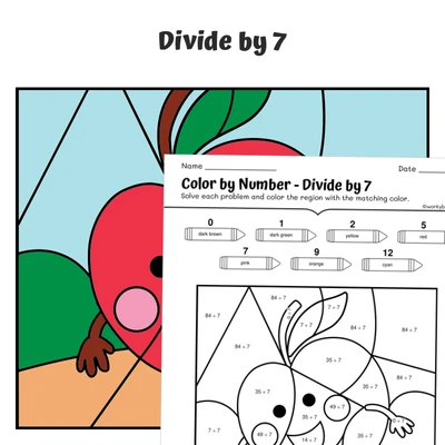 div by 7 Color by Number — Apple - worksheet educational content