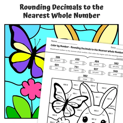 Round Decimal (whole) Color by Number — Bunny with a Butterfly Friend - worksheet educational content