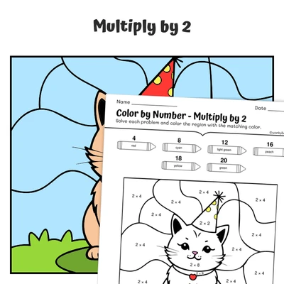 × 2 Color by Number — cat with birthday cap - worksheet educational content