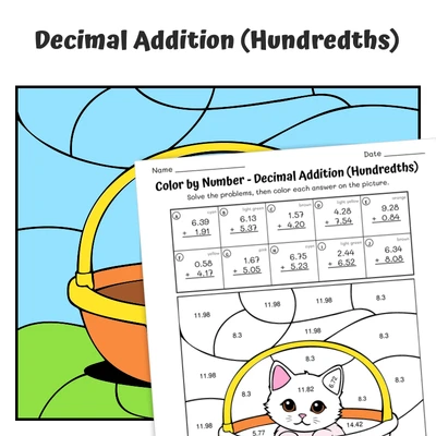 Decimal Addition (hundredths) Color by Number — cat in a basket - worksheet educational content