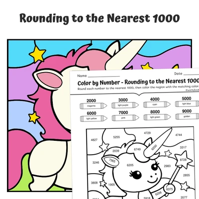 Round to 1000 Color by Number — unicorn with a magic wand - worksheet educational content