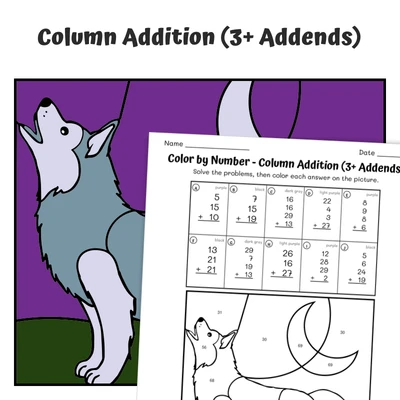 Column Addition Color by Number — Husky Howling at Moon - worksheet educational content