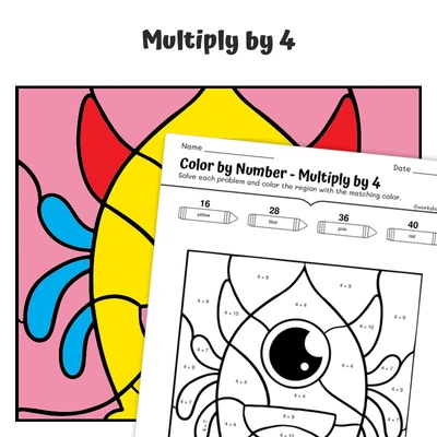 × 4 Color by Number — Monster with Wings - worksheet educational content