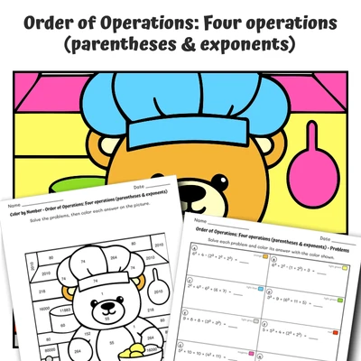 Order of Operations Color by Number — Teddy Bear's Baking Cookie - worksheet educational content