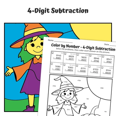 4-Digit Subtraction Color by Number — Witch and a Pumpkin - worksheet educational content