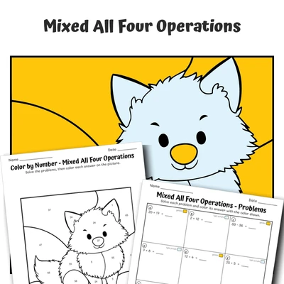 Four Operations Mixed Color by Number — Arctic Fox - worksheet educational content