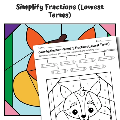 Simplify Fractions Color by Number — Animal face - Squirrel - worksheet educational content