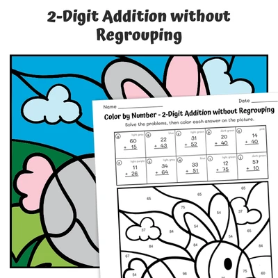 2-Digit Addition (no regrouping) Color by Number — Farm Animal Rabbit - worksheet educational content