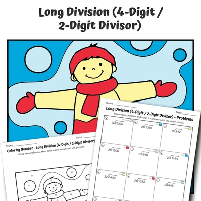 Long Division (advanced) Color by Number — Making Snow Angels - worksheet educational content