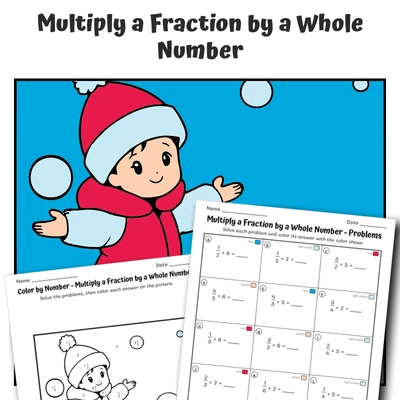 Fraction x Whole Color by Number — Ice Skating on a Frozen Pond - worksheet educational content