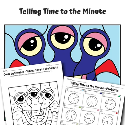 Time: Minute Color by Number — Monster with a Big Heart - worksheet educational content