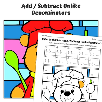 Fractions (unlike denom) Color by Number — Teddy Bear's cooking - worksheet educational content