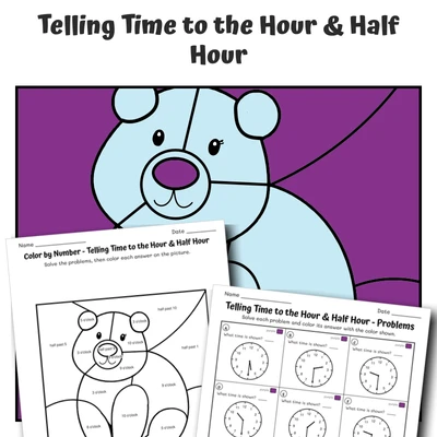Time: Hour & Half Color by Number — Polar Bear - worksheet educational content