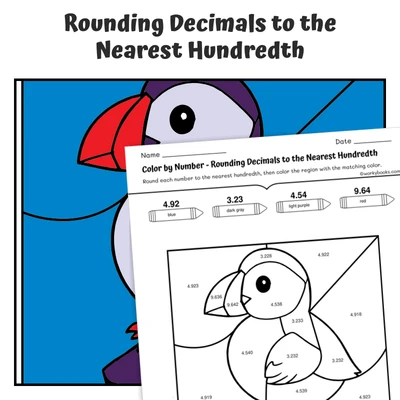 Round Decimal (hundredths) Color by Number — Puffin Artic Animal - worksheet educational content