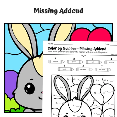 Missing Addend Color by Number — Bunny with a Heart Balloon - worksheet educational content