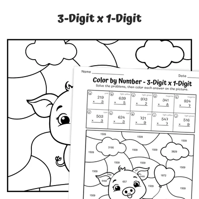 3-Digit x 1-Digit Color by Number — Pig with heart balloon - worksheet educational content