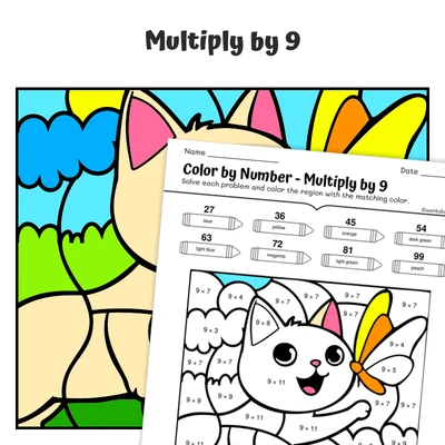 × 9 Color by Number — Cat chasing a butterfly - worksheet educational content