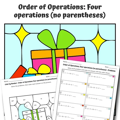Order of Operations Color by Number — A pile of wrapped Christmas presents - worksheet educational content