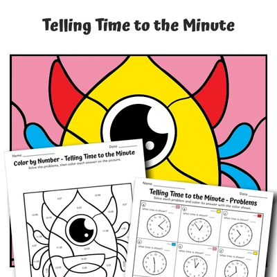 Time: Minute Color by Number — Monster with Wings - worksheet educational content