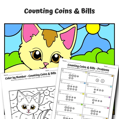 Count Money Color by Number — Cat Playing with Yarn - worksheet educational content