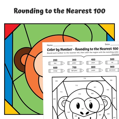 Round to 100 Color by Number — Animal face - Monkey - worksheet educational content