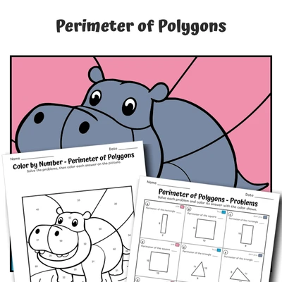 Perimeter Color by Number — Zoo Animal Hippopotamus - 2 - worksheet educational content