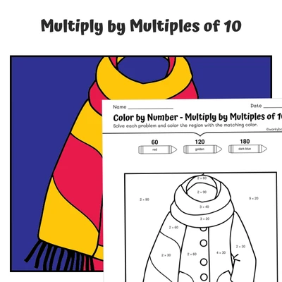 Multiply by Multiples of 10 Color by Number — CBN.WINTER.18-3 - worksheet educational content