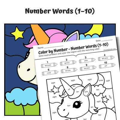 Number Words Color by Number — unicorn with moon and stars - worksheet educational content