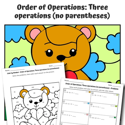 Order of Operations Color by Number — Teddy Bear's Heart - worksheet educational content