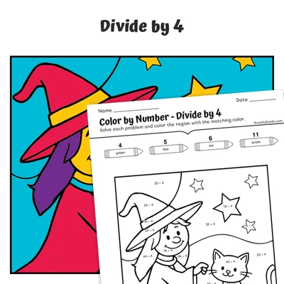 div by 4 Color by Number — Witch with a Friendly Cat - worksheet educational content