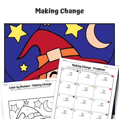 Make Change Color by Number — Witch and Stars - worksheet educational content