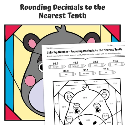 Round Decimal (tenths) Color by Number — Animal face - Hippo - worksheet educational content