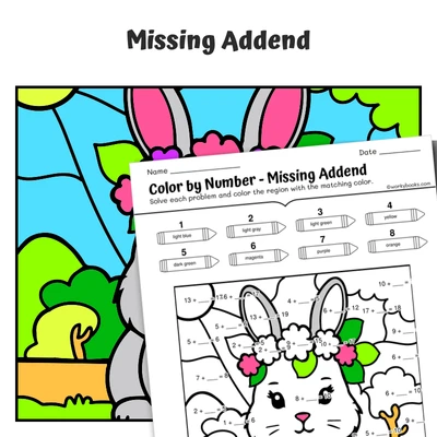 Missing Addend Color by Number — Bunny with a Flower Crown - worksheet educational content